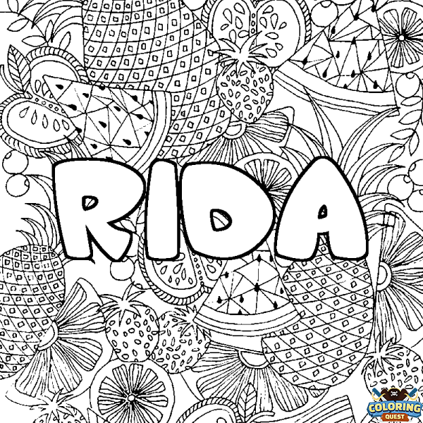 Coloring page first name RIDA - Fruits mandala background