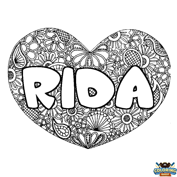 Coloring page first name RIDA - Heart mandala background