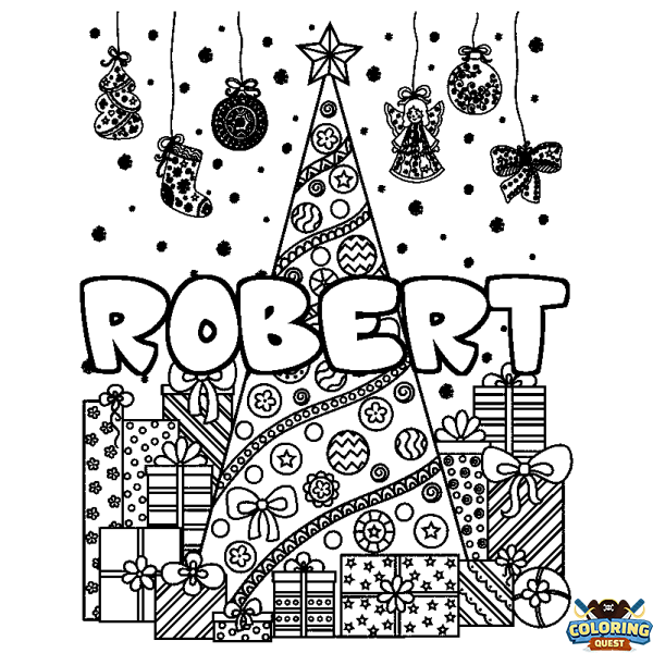 Coloring page first name ROBERT - Christmas tree and presents background