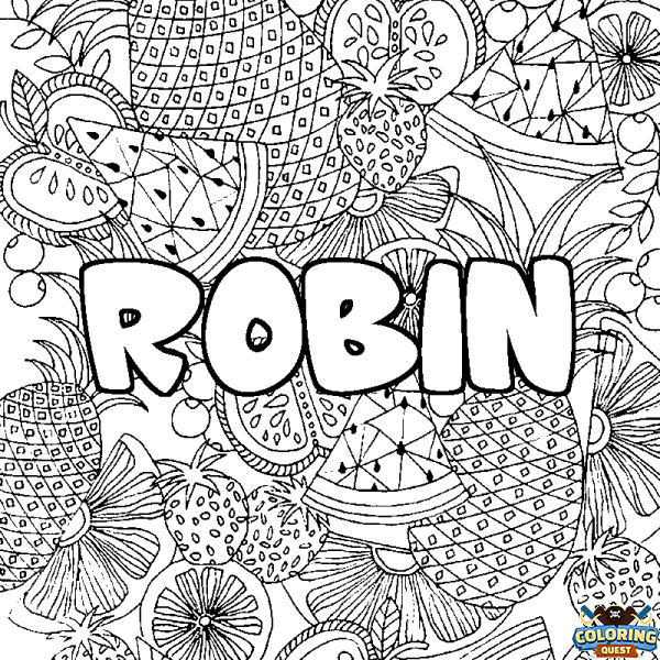 Coloring page first name ROBIN - Fruits mandala background