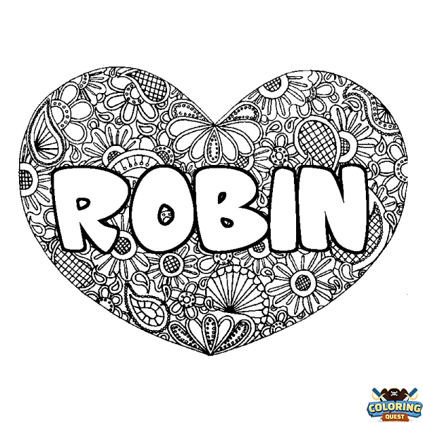 Coloring page first name ROBIN - Heart mandala background