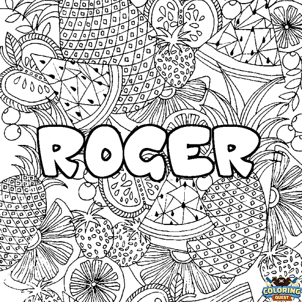 Coloring page first name ROGER - Fruits mandala background