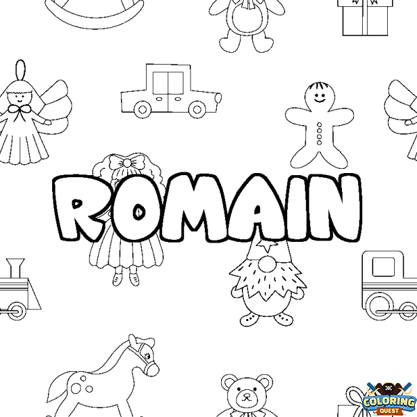 Coloring page first name ROMAIN - Toys background