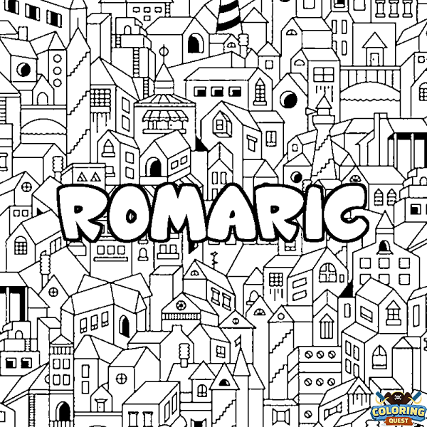 Coloring page first name ROMARIC - City background