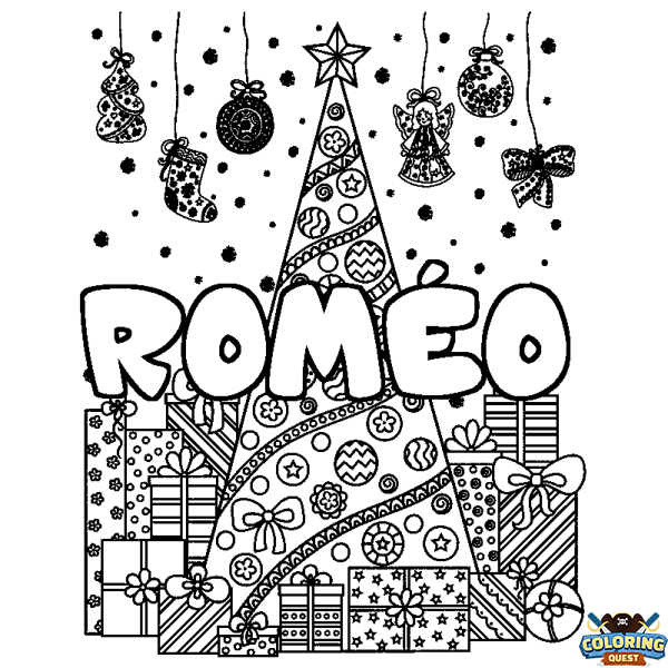 Coloring page first name ROM&Eacute;O - Christmas tree and presents background