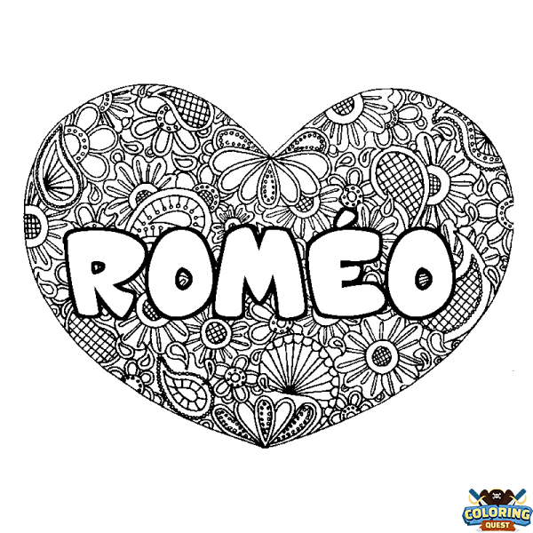 Coloring page first name ROM&Eacute;O - Heart mandala background