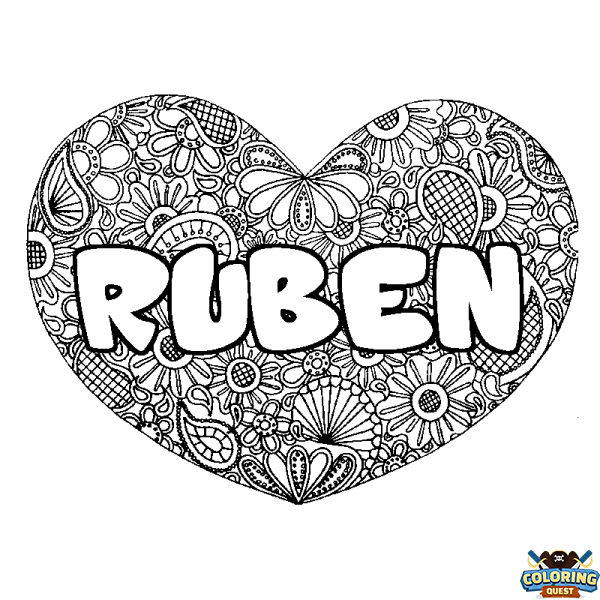 Coloring page first name RUBEN - Heart mandala background