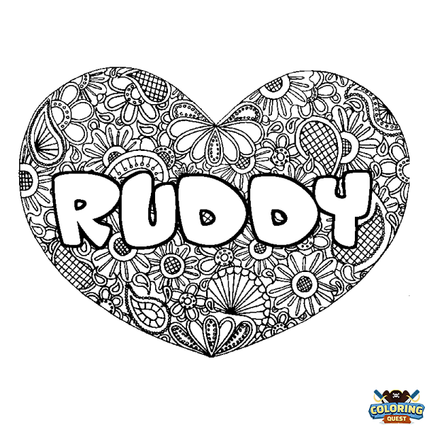 Coloring page first name RUDDY - Heart mandala background