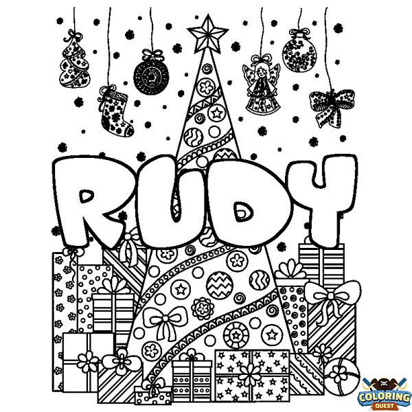 Coloring page first name RUDY - Christmas tree and presents background