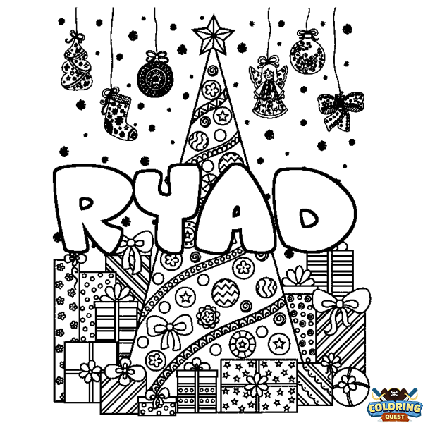 Coloring page first name RYAD - Christmas tree and presents background