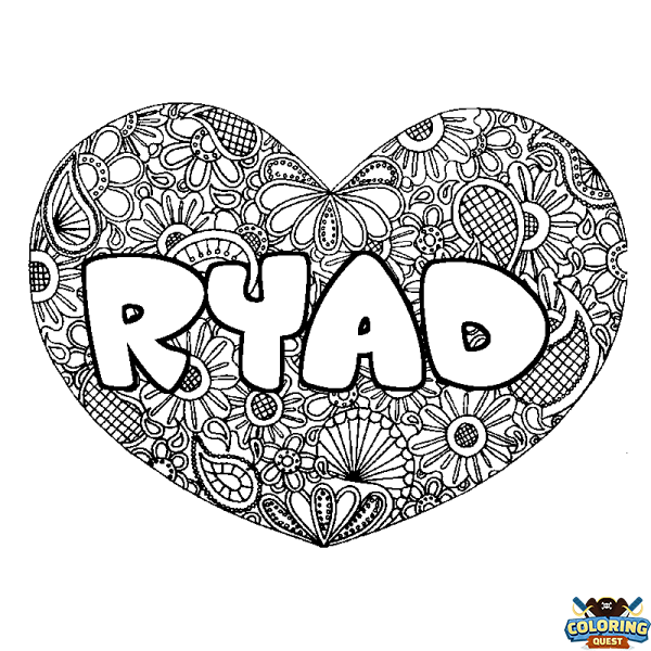 Coloring page first name RYAD - Heart mandala background