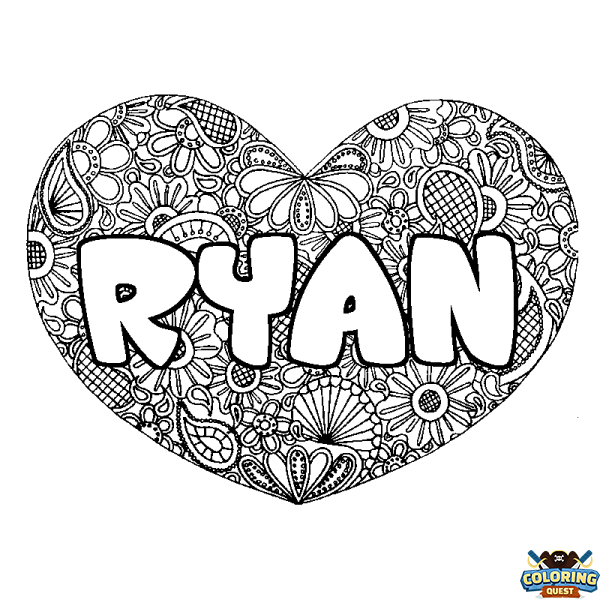 Coloring page first name RYAN - Heart mandala background