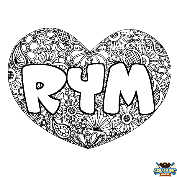 Coloring page first name RYM - Heart mandala background