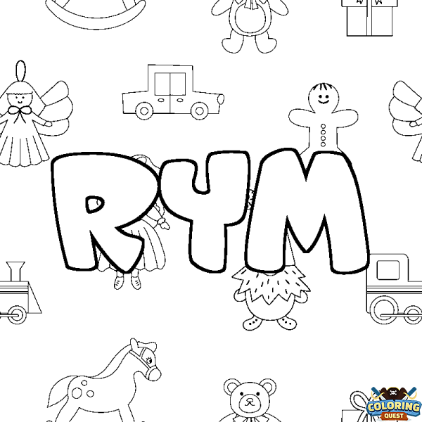 Coloring page first name RYM - Toys background