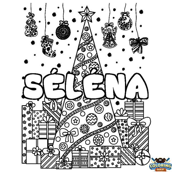 Coloring page first name S&Eacute;L&Eacute;NA - Christmas tree and presents background