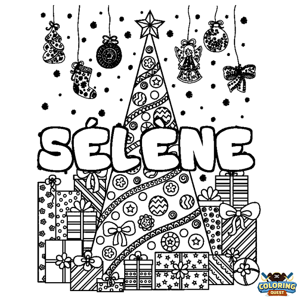 Coloring page first name S&Eacute;L&Egrave;NE - Christmas tree and presents background