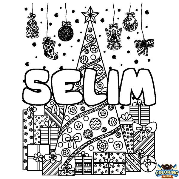 Coloring page first name SELIM - Christmas tree and presents background