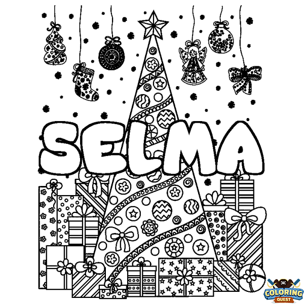 Coloring page first name SELMA - Christmas tree and presents background