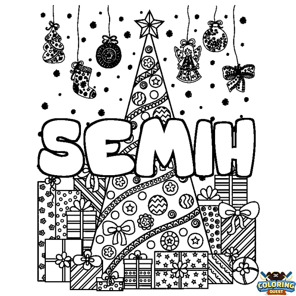 Coloring page first name SEMIH - Christmas tree and presents background