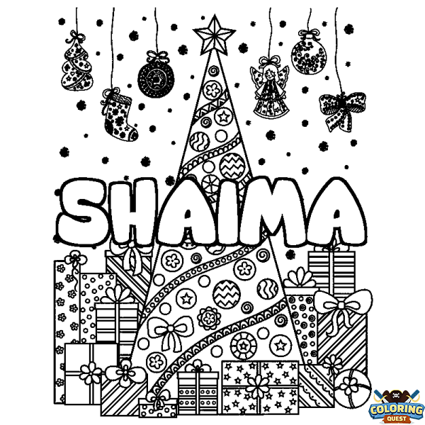 Coloring page first name SHAIMA - Christmas tree and presents background