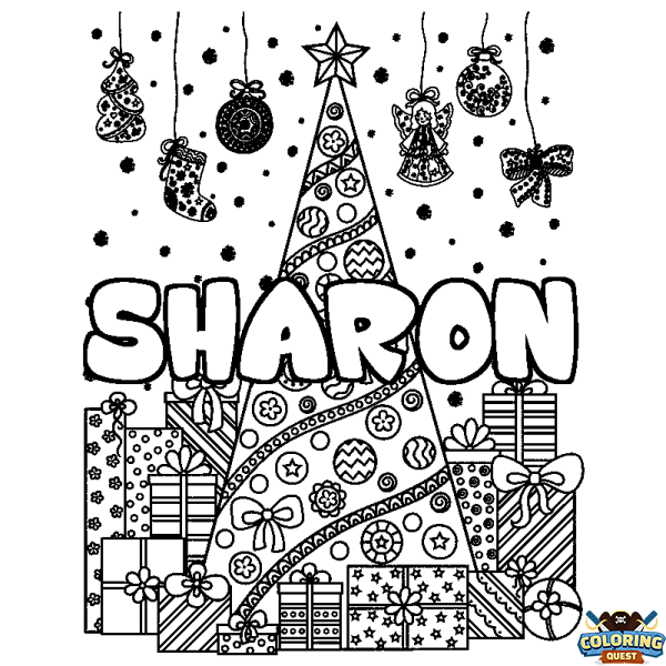 Coloring page first name SHARON - Christmas tree and presents background