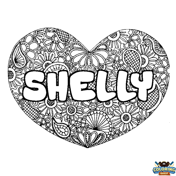 Coloring page first name SHELLY - Heart mandala background