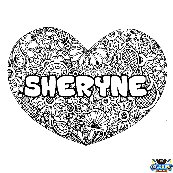 Coloring page first name SHERYNE - Heart mandala background