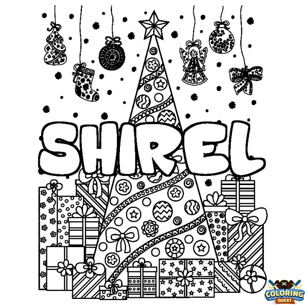 Coloring page first name SHIREL - Christmas tree and presents background