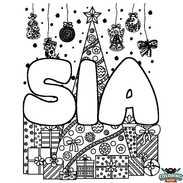 Coloring page first name SIA - Christmas tree and presents background