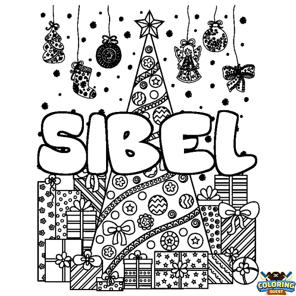 Coloring page first name SIBEL - Christmas tree and presents background