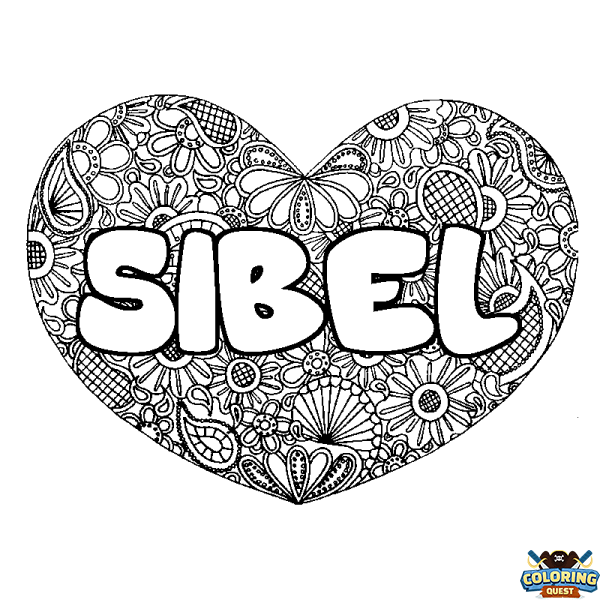 Coloring page first name SIBEL - Heart mandala background