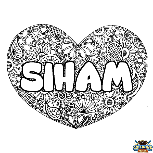 Coloring page first name SIHAM - Heart mandala background