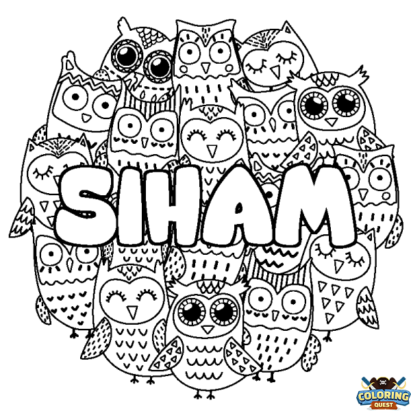 Coloring page first name SIHAM - Owls background