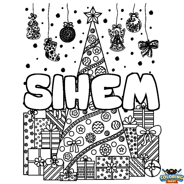 Coloring page first name SIHEM - Christmas tree and presents background