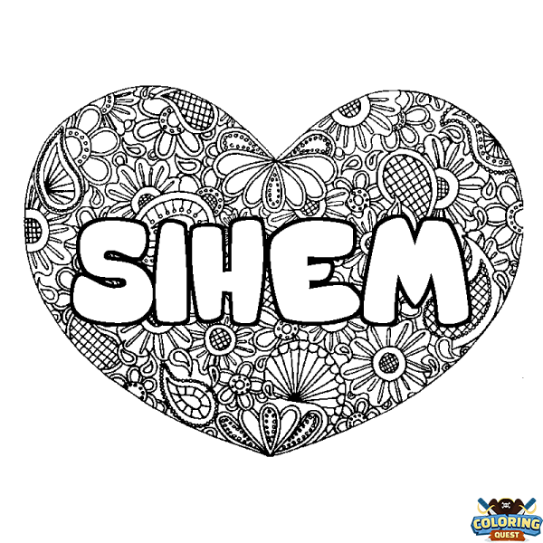 Coloring page first name SIHEM - Heart mandala background