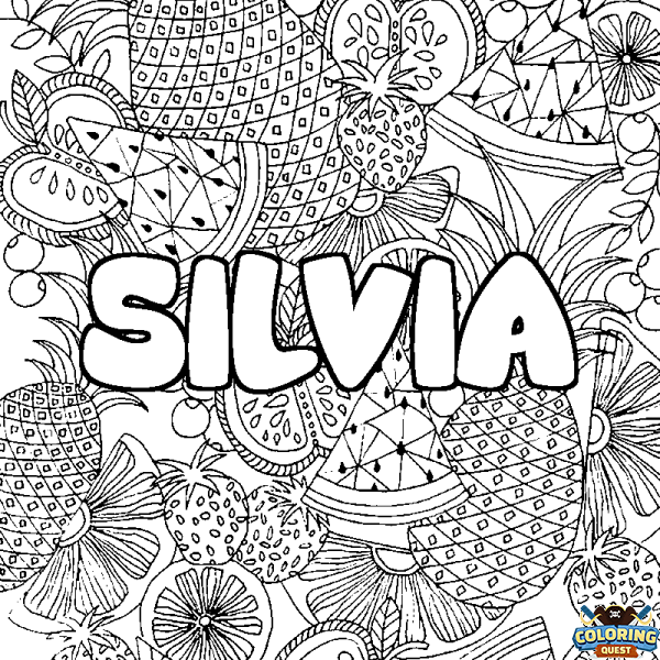 Coloring page first name SILVIA - Fruits mandala background