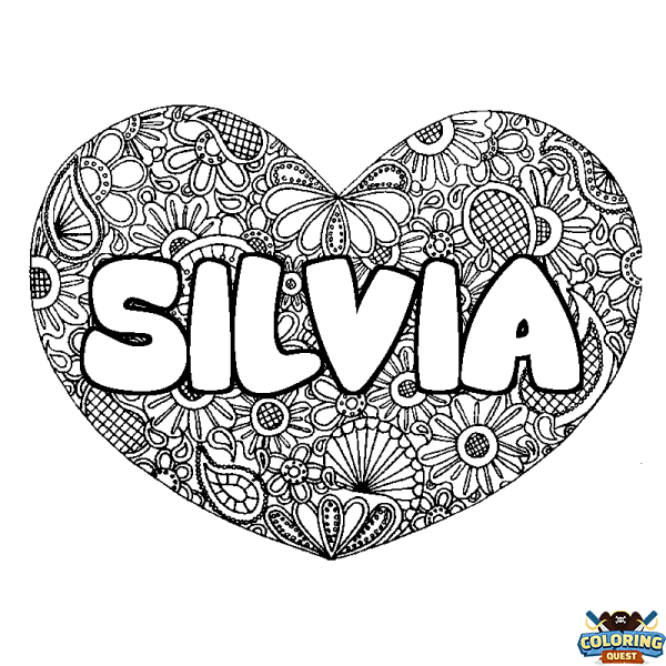 Coloring page first name SILVIA - Heart mandala background