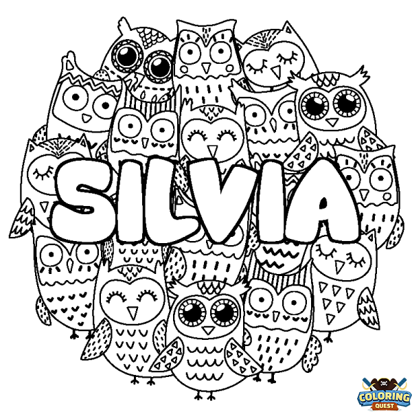 Coloring page first name SILVIA - Owls background