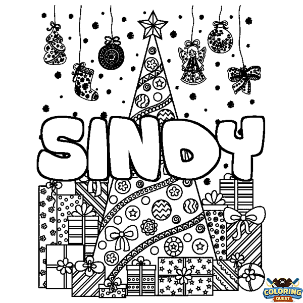 Coloring page first name SINDY - Christmas tree and presents background