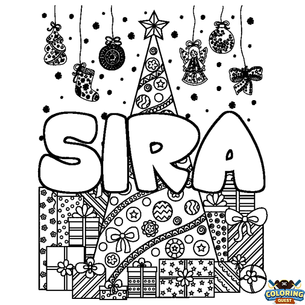 Coloring page first name SIRA - Christmas tree and presents background