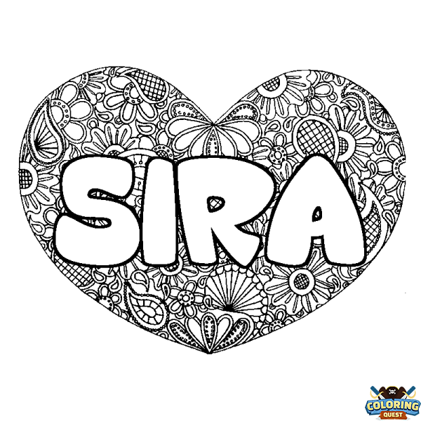 Coloring page first name SIRA - Heart mandala background