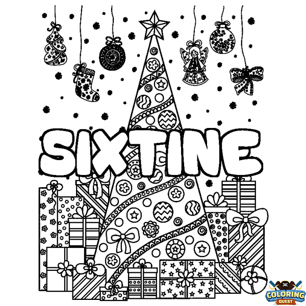 Coloring page first name SIXTINE - Christmas tree and presents background