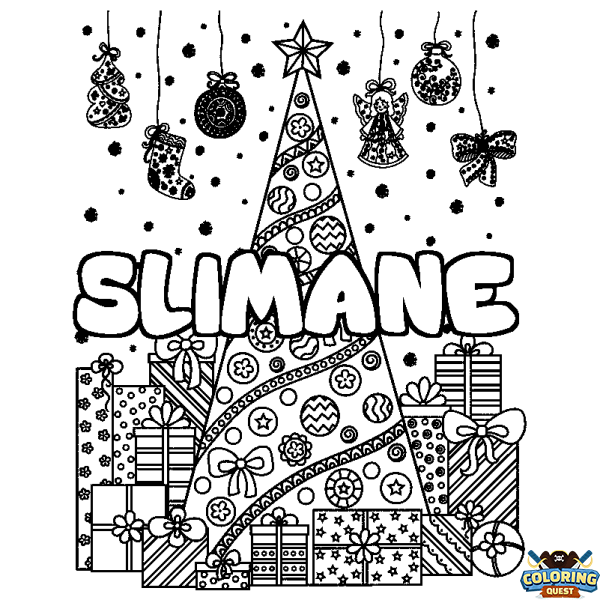 Coloring page first name SLIMANE - Christmas tree and presents background