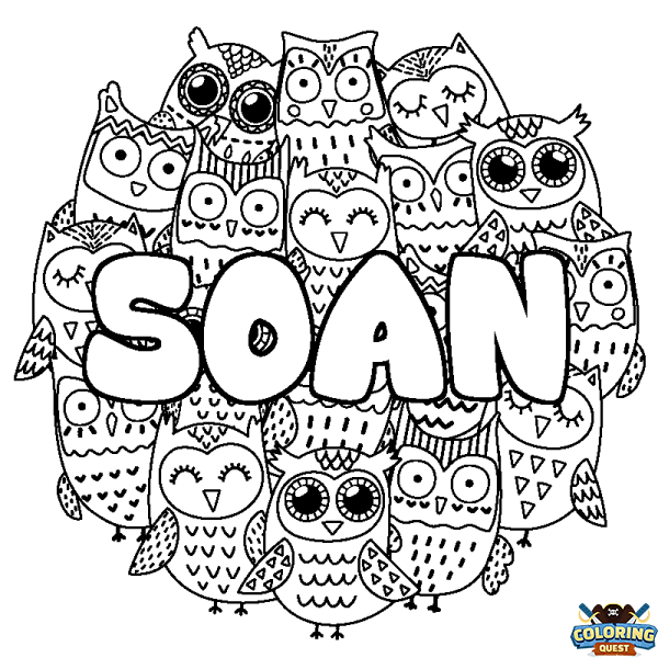 Coloring page first name SOAN - Owls background