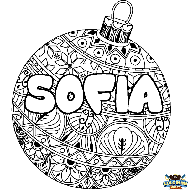 Coloring page first name SOFIA - Christmas tree bulb background