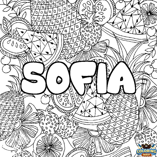 Coloring page first name SOFIA - Fruits mandala background