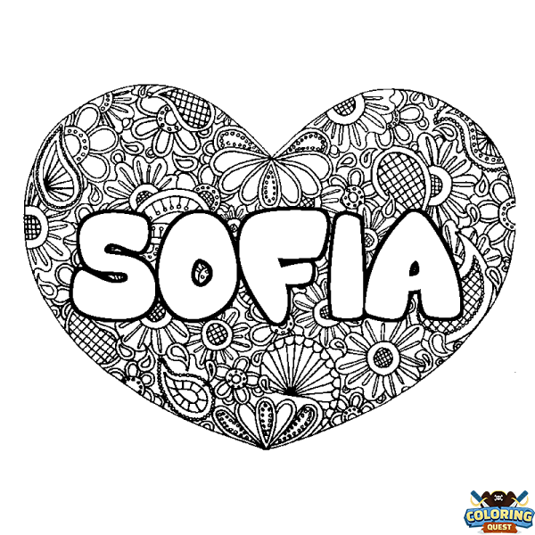 Coloring page first name SOFIA - Heart mandala background