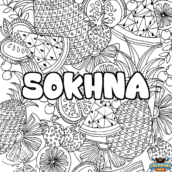 Coloring page first name SOKHNA - Fruits mandala background