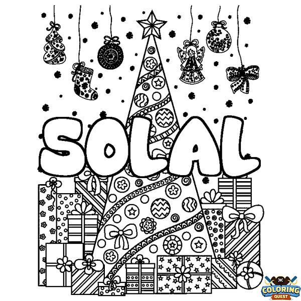 Coloring page first name SOLAL - Christmas tree and presents background