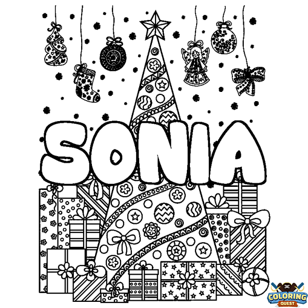 Coloring page first name SONIA - Christmas tree and presents background